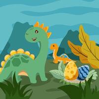 Cute dinosaur cartoon flat illustration of a cheerful up historical character for greeting card design, congratulation and invitation postcard creation. vector