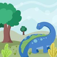 Cute dinosaur cartoon flat illustration of a cheerful up historical character for greeting card design, congratulation and invitation postcard creation. vector