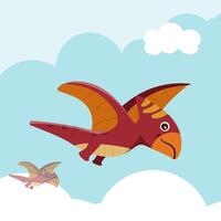 Cute dinosaur pteranodon cartoon flat illustration of a cheerful up historical character for greeting card design, congratulation and invitation postcard creation. vector