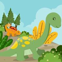 Cute dinosaur cartoon flat illustration of a cheerful up historical character for greeting card design, congratulation and invitation postcard creation. vector