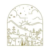 Line illustration of a campground against a mountain background for a t-shirt print. Illustration for clothing print. vector