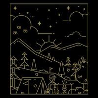 Line illustration of a campground against a mountain background for a t-shirt print. Illustration for clothing print. vector