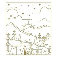 Line illustration of a campground against a mountain background for a t-shirt print. Illustration for clothing print. vector