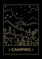 Line illustration of a campground against a mountain background for a t-shirt print. Illustration for clothing print. vector