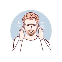 A young man has a headache. A man with a beard is holding his temples, having a migraine. Hand drawn illustration in sketch style. Health problems. Medical brochure template. vector