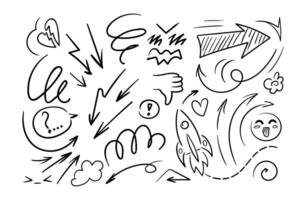 Doodle lines, arrows, circles and curves , kawaii emoji. Peech balloon, speech bubble. Hand drawn design elements isolated on white background for infographics. vector