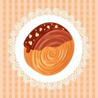 Cromboloni with cream topping. Coin, round croissant with filling, covered with icing. Croissant roll, round san on a lacy napkin on a checkered background. For menu, pastry shop, postcard, poster. vector