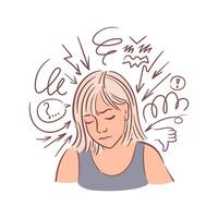 A young woman experiences anxiety, grief, a cloud of depressive thoughts. Sad character in sketch style. Disappointment, sadness, negative emotions. Unhappy people are in despair. vector
