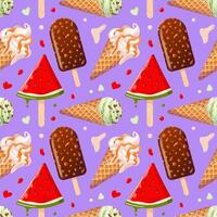 Ice cream seamless pattern. Vanilla, chocolate, mint or pistachio ice cream in a waffle cone. Fruit ice made from watermelon juice. wallpaper vector