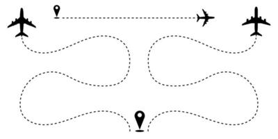 Dotted lines, travel concept with aircraft and location icon, airplane route dashed lines vector