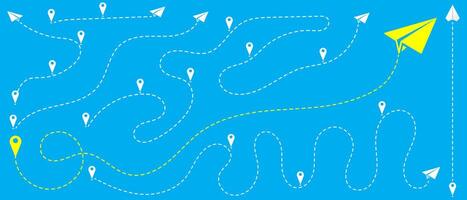 The business concept is minimal a group of paper planes in one direction an airplane route in the dotted lines. Travel concept, paper airplane path, blue, white, and yellow color vector