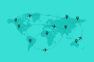 World map background with Airplane, dotted lines, and location icons, Around the world via aircraft travel concept vector