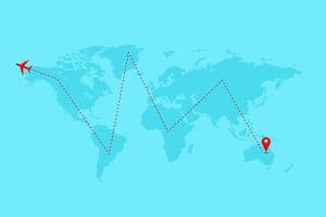 World map background with Airplane, dotted lines, and location icons, Around the world via aircraft travel concept vector