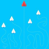 business concept, Red paper plane straight direction from white. New ideas. Different business concepts. Courage to risk. leadership, dotted lines, paper plane vector