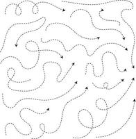 Dotted line arrows, clean dot style hand drawn doodle arrow set. Curve dotted line arrow set, dashed lines arrow, set of dotted hand drawn doodle arrows isolated, split lines arrows set. vector