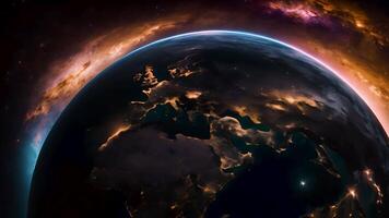 un' spettacolare scena di un' vasto universo con pianeti e stelle impostato contro un' bellissimo fantasia sfondo, raffigurante il grandezza di spazio e il fascino di cosmico avventure nel un' celeste ambientazione. video