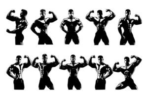 Silhouette of a muscular bodybuilder isolated on a white background, showcasing strong arms in various poses. vector