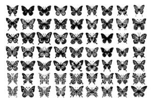 Collection of butterfly silhouettes ideal for nature-themed designs, invitations, and decor. Enhance your projects with these graceful and versatile butterfly shapes for a touch of elegance. vector