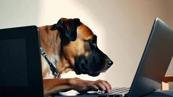 Dog typing at computer keyboard, smart pet concept and animal development video