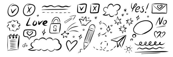 Sketch underline, emphasis, arrow shape set. Hand drawn brush stroke, highlight, speech bubble, underline, sparkle element. vector