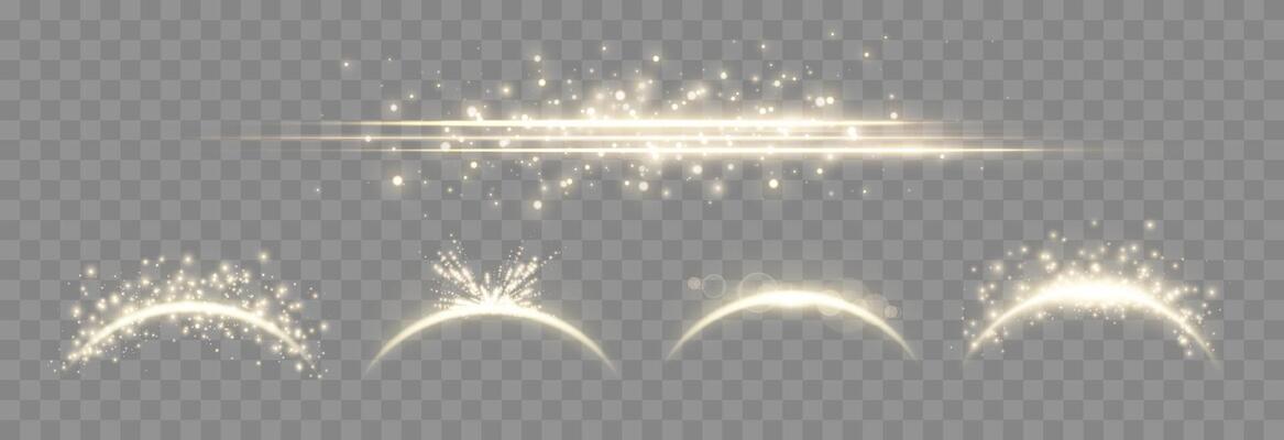 Gold magic arches set with glowing particles, sunlight lens flare. Neon realistic energy flare arch.