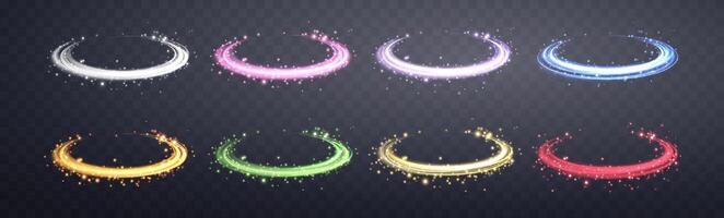 Glowing magic rings set. Neon realistic energy flare rings with sparkling particles. vector