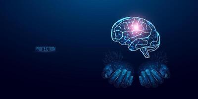Two human hands are holds human brain. Support healthy brain concept. Wireframe glowing low poly design on dark blue background. vector