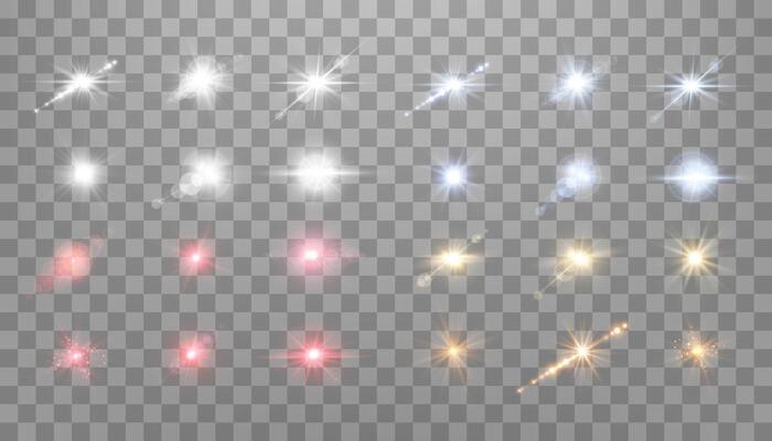 Lens flares set, sun flash with rays or spotlight and bokeh. Glow flare light effect.