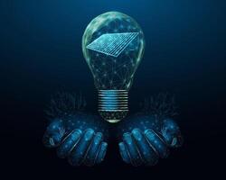 Two human hands are holds solar panel. Renewable alternative energy concept with glowing low poly panel on dark blue background. Wireframe low poly design. vector