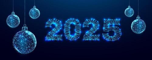 Postcard Happy New Year 2025. Numbers from a polygonal wireframe mesh with Christmas balls. Low poly design. vector