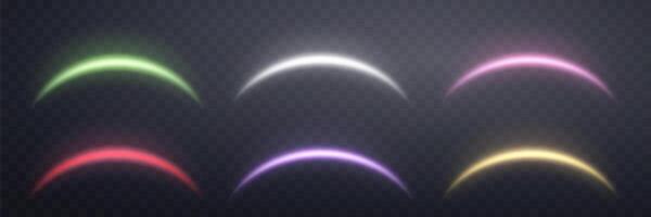 Magic arches different colors with glowing particles, sunlight lens flare. Neon realistic energy flare arch. Abstract light effect vector