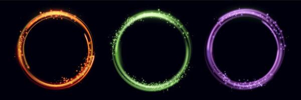 Glowing magic rings set. Neon realistic energy flare rings with sparkling particles. Abstract light effect on a black background. vector