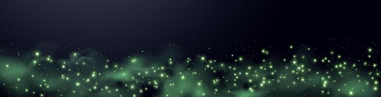 Green glittering dots, particles, stars magic sparks. Dust cloud flare light effect. Green luminous points with smoke. vector