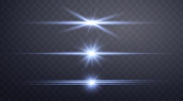 Blue horizontal lens flares set. Sun flash with rays or spotlight and bokeh. Blue glow flare light effect. vector
