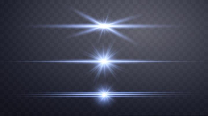 Blue horizontal lens flares set. Sun flash with rays or spotlight and bokeh. Blue glow flare light effect.