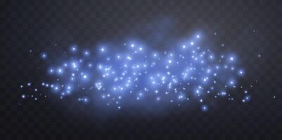 Blue glittering dots, particles, stars, magic sparks with smoke. Glow flare light effect. Blue luminous points in fog. vector