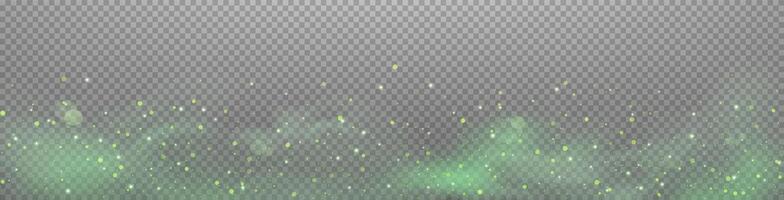 Green glittering dots, particles, stars magic sparks. Dust cloud flare light effect. Green luminous points with smoke. vector