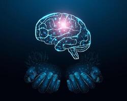 Two human hands are holds human brain. Support healthy brain concept. Wireframe glowing low poly design on dark blue background. vector