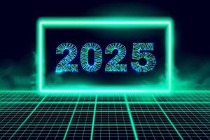 Happy new year 2025 greeting card, numbers from a polygonal wireframe mesh with glowing neon frame. Abstract background. vector