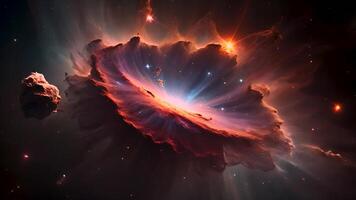 The universe is moving in the form of a fiery explosion the fiery sky fills the sky with intense heat. It features abstract compositions of red, black, and orange amid swirling smoke and bright light video