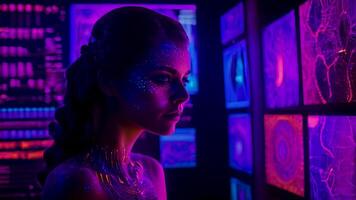 une femme dans une en forme humaine fantaisie monde, un autre Nouveau monde, Retour à Terre avec une ensemble de vaisseau spatial équipement dans le moteur chambre, à propos à atterrir. video