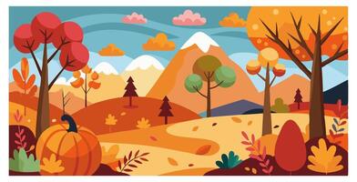 autumn landscape with mountains, colorful trees, clouds, and a pumpkin in the foreground vector