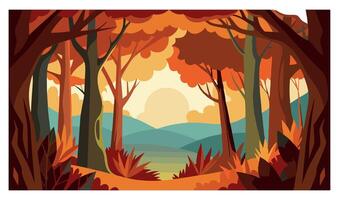 illustration of an autumn forest with vibrant orange and red foliage, set against a backdrop of rolling hills and a setting sun. Flat design style vector