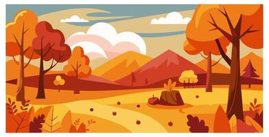 autumn landscape with mountains, colorful trees, clouds, and a pumpkin in the foreground. Flat design with vibrant fall colors vector