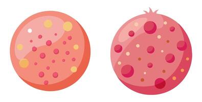 illustrations of acne. Each illustration depicts a circular face with various types of acne spots, including pimples and blemishes, in shades of pink and red vector