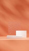 White podium in portrait with texture float glass and orange background 3D render mockup template photo