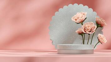 Pink rose background with green terrazzo texture backdrop podium in landscape 3d rendering mockup photo