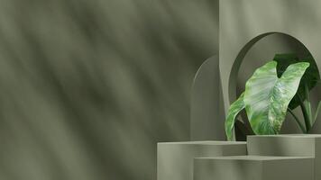 Green monochrome 3d rendering mockup of podium block for product in landscape with alocasia plant photo