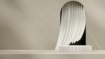 Flapping curtain 3d rendering mockup scene podium product in landscape with gray and white color photo