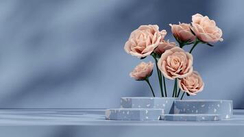 Mockup template of blue terrazzo texture podium in landscape with pink rose background 3d rendering photo